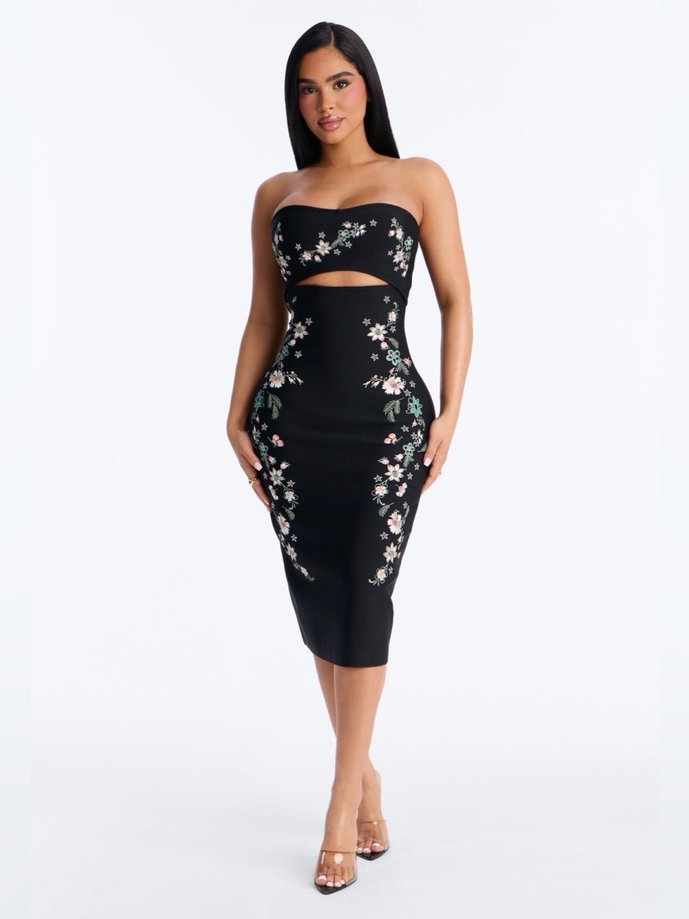 Fashion Nova Embroidered Bandage Midi Dress-Black🌺